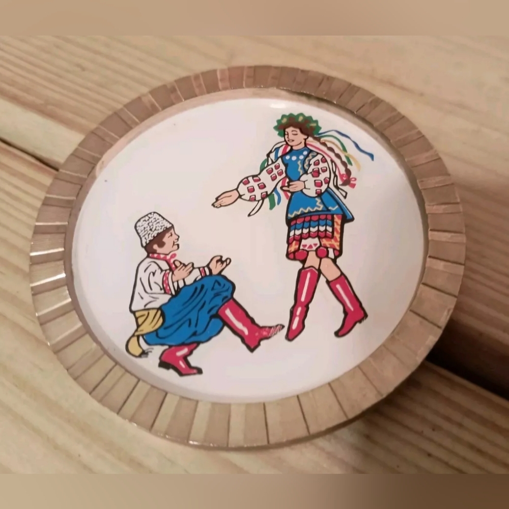 Vintage Ukrainian porcelain and brass polka dancing couple coaster